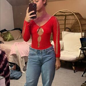 Red White Fox Cut Out Bodysuit